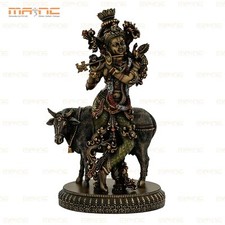 10 " Lord Krishna Jouer Flûte Idol Avec Kamdhenu Vache Statue Décor Maison