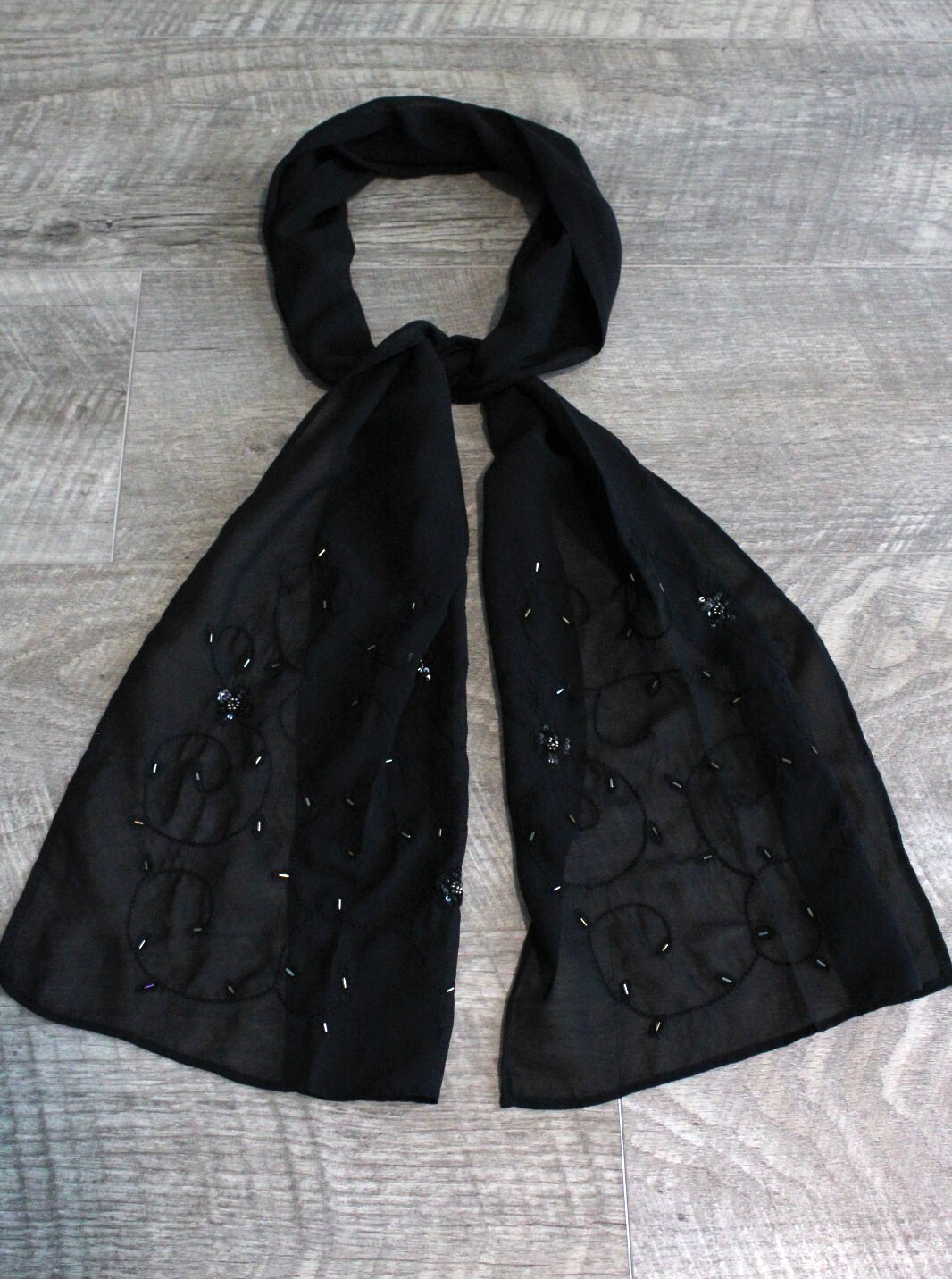 Lightweight Rectangle Scarf Solid Black Beaded Fl… - image 3