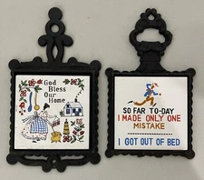 Set of 2 Vtg Cast Iron Kitchen Trivets With Ceramic Tile Sayings