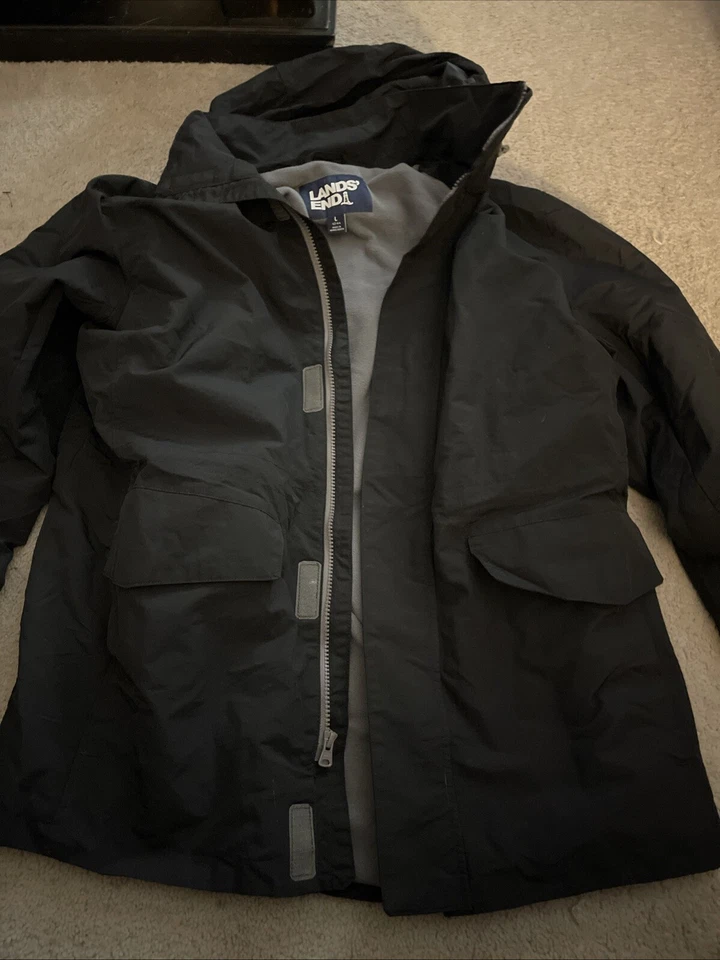 Lands End Mens Insulated Jacket Size L Hooded Black Waterproof E. Condition - Image 2 of 4