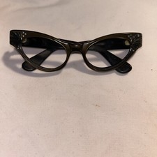 VINTAGE MID CENTURY CAT'S EYE Iridescent SUN GLASSES W/SET RHINESTONE Dark Brown