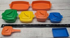 Vtg 13 Piece Pretend Play Child  s Toy Yellow Red Blue Cookware Kitchen Plastic