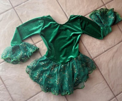 NEW GIRLS Green VELVET Gold FLORAL Lace Competition FIGURE ICE SKATING  Dress | eBay