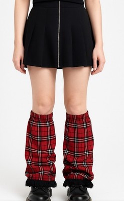 Red Plaid Leg Warmers Womens One Sz Lace Harajuku Monster High Korean Retro EUC 