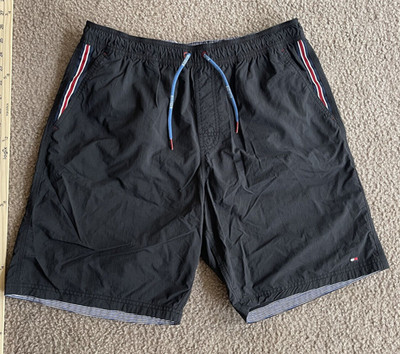 Tommy Hilfiger Men's Large Black Swim Trunks Athletic Surf Stripe Pocket Bottoms