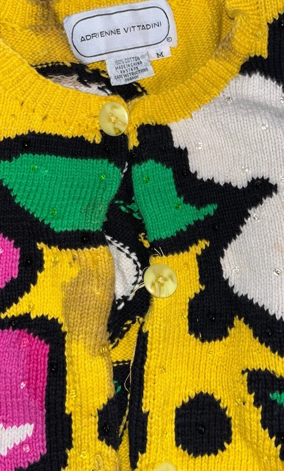 Suéter Cárdigan Adrienne Vittadini Mediano Vintage Amarillo/Rosa Floral, Cuentas Foto 4 de 4