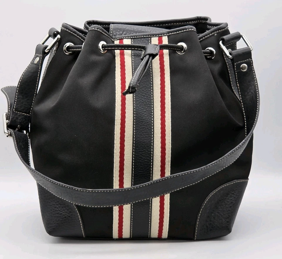 Tommy Hilfiger Purse Bucket Bag Drawstring Closure Black Canvas Faux Leather VTG - Image 4 of 4