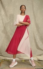 HUGO BOSS Dress Size UK 14 US 10 Red Pink Colour Block Pleated Chiffon Midi