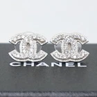 CHANEL CC Logos Rhinestone Stud Earrings Silver Tone 10P Auth w/Box #9663