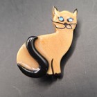 Avon Cat Brooch Pinback w/ Glasses, Blue Rhinestone Eyes, Tan & Black, Wood — photo 3