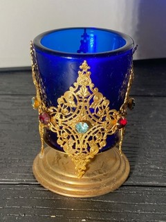 VINTAGE CATHOLIC CHURCH DECORATIVE FILIGREE BLUE GLASS VOTIVE CANDLE HOLDER
