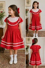 VTG Girls Red Prairie Dress Lace Eyelet Yoke Cottagecore Handmade 70s