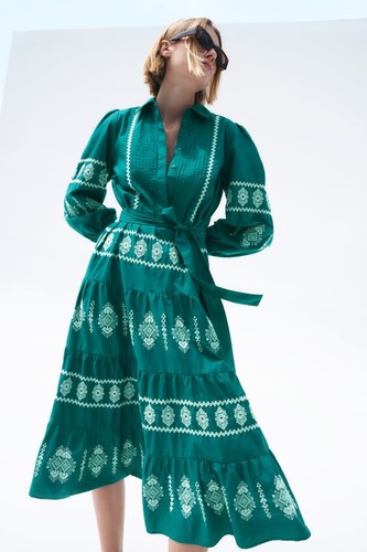 ZARA EMBROIDERED MIDI DRESS GREEN LONG 