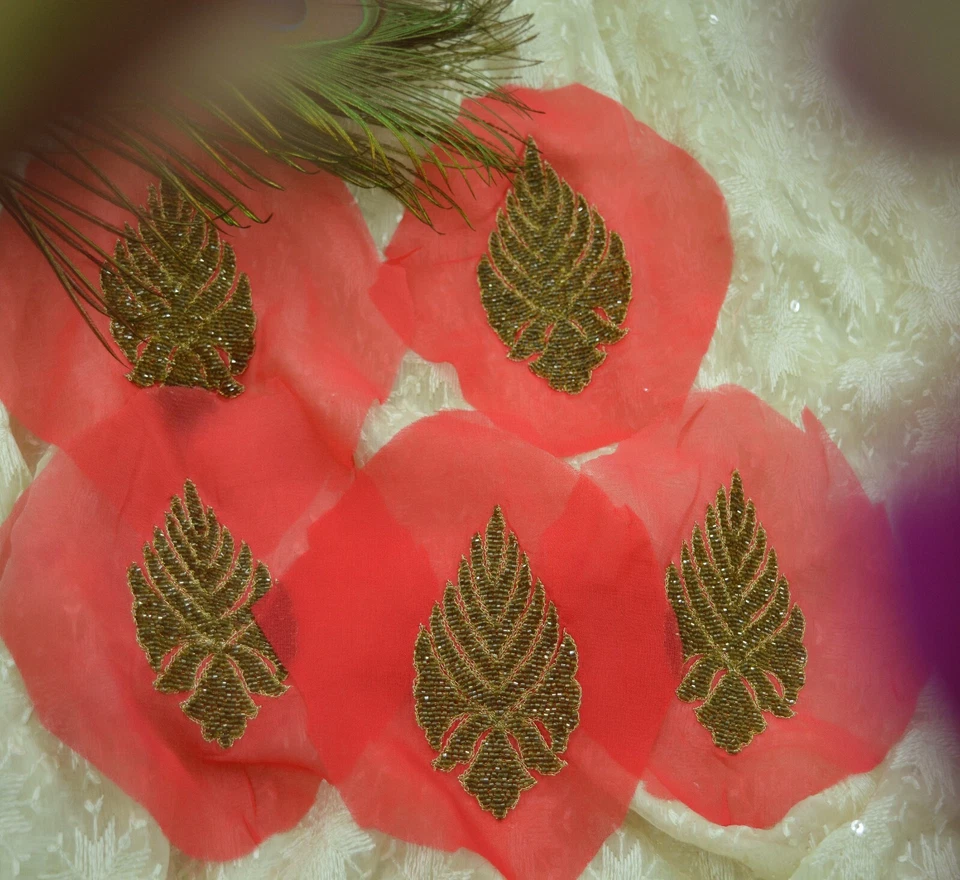 VERY OLD ANTIQUE Vintage 5Pcs Rare Appliques Red Georgette Hand Embroidered Zari - Image 2 of 4