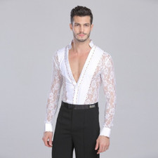 Men Professional Latin Lace Shirts Deep V Neck Tuxedo Leotard Shirt Long Sleeve