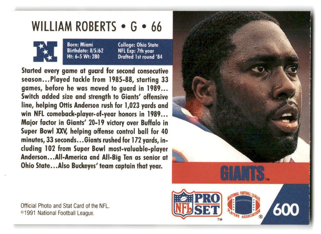 William Roberts 1991 Pro Set #600 New York Giants FOOTBALL | eBay