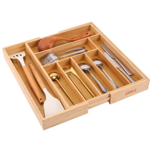 Extendable Bamboo Cutlery Tray Kitchen Drawer Organiser 9 Storage Compartments - Picture 3 of 6