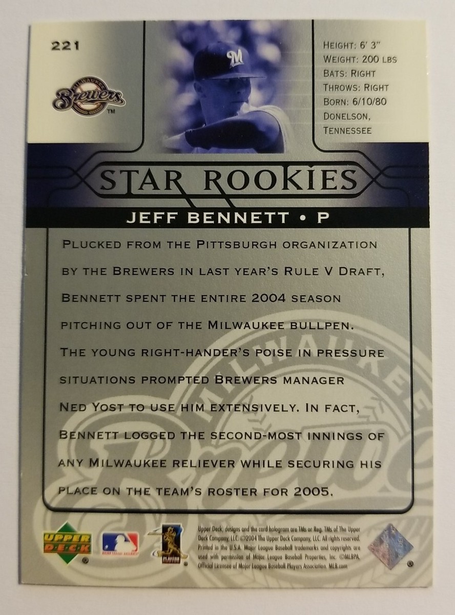 JEFF BENNETT MILWAUKEE BREWERS 2004 UPPER DECK AUTOGRAPHED #221