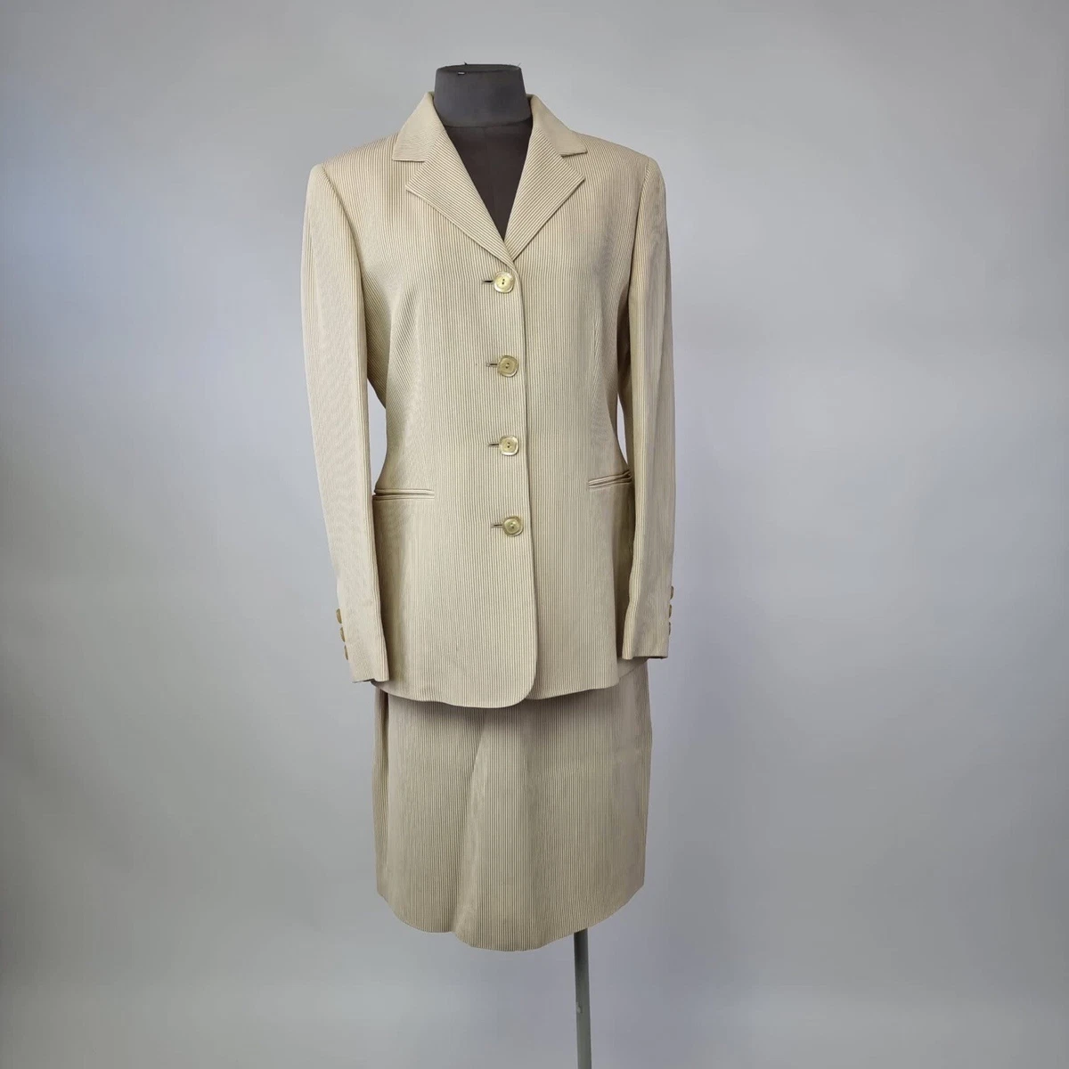 Gianfranco Ferre tan cream stripe suit blazer skirt occassion formal city  smart | eBay