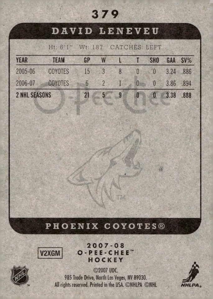 David Leneveu - Signed 2007-08 O-Pee-Chee Card #379 - Arizona Coyotes - Image 2 of 2