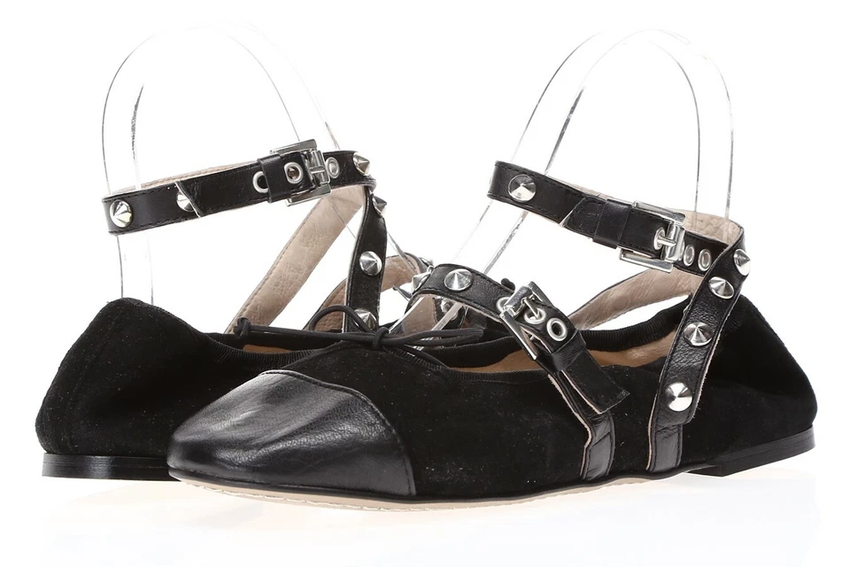 Topshop Primrose Womens Black Leather Studded Ankle Strap Ballet Flats Size 38 - Image 2 of 4