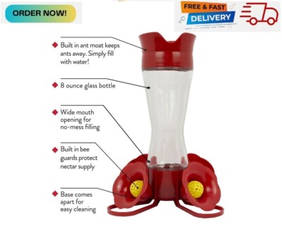 Perky-Pet 8 oz Pinch Waist Glass Hummingbird Feeder, Red