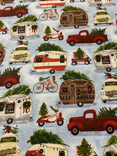 RETRO TRAILERS RV CAMPERS CAMPING BLUE/WHITE BACKGROUND COTTON FABRIC FQ
