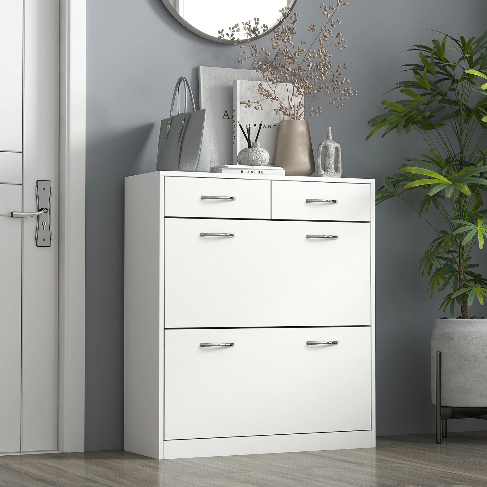 Homcom White Shoe Cabinet Narrow Storage With 2 Flip Drawers, Adjustable Shelves, For 12 Pairs, Space Saving, | Aosom Uk - Image 2