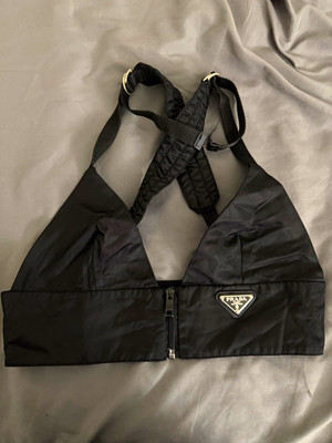 PRADA Re-Nylon Black Zip Front Halter Bralette Bra Logo Plaque Size S