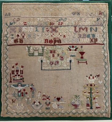 EARLY 19TH CENTURY ADAM & EVE, MOTIF SAMPLER  DATED 1869 18  X  17 