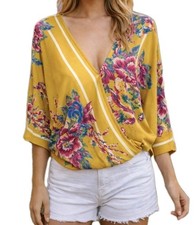 Flying Tomato Floral Kimono Wrap Crop Top Blouse/Shirt Size M Mustard Pink White