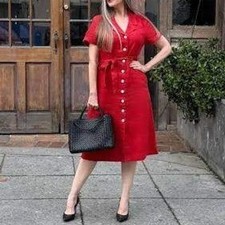 Quince 100% European Linen Button Front Midi Shirt Dress Red Size M NWT