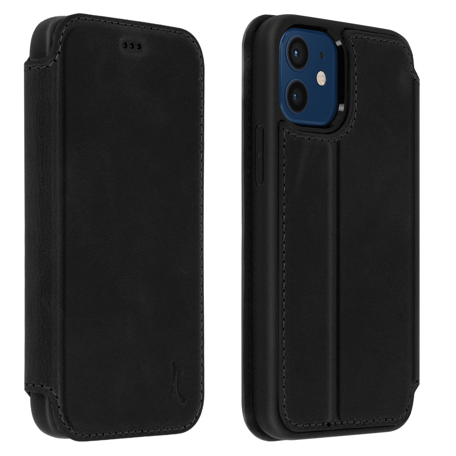Housse cuir iPhone 12 Mini Akashi clapet aimanté noir avec support
