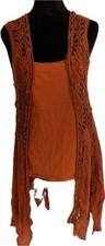 Rust Crochet Sleeveless Long Scoop Neck Boho A-Line Tank and Cover Up for Women