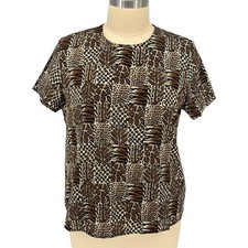 Adamo Vintage Blouse Brown Animal Print Patchwork Shoulder Pads 1X