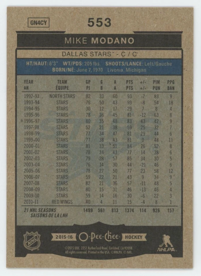 2015-16 O-PEE-CHEE Mike Modano #553 MARQUEE LEGEND RED BORDER - Image 2 of 2