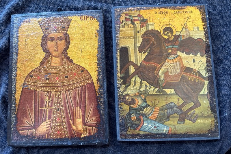 Vintage  Greek Orthodox Byzantine Icons St Catherine & St Demetrios Made Greece