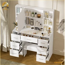 Vanity Desk Set w/ LED Lights Mirror Makeup Dressing Table and Stool 10 Shelves