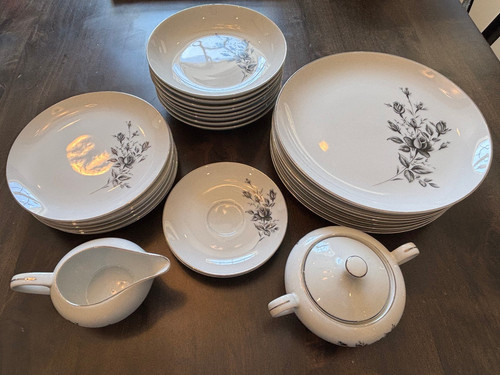 Rare Vintage Castlecourt Fine China Concerto Rose Set Black/Silver Made in Japan