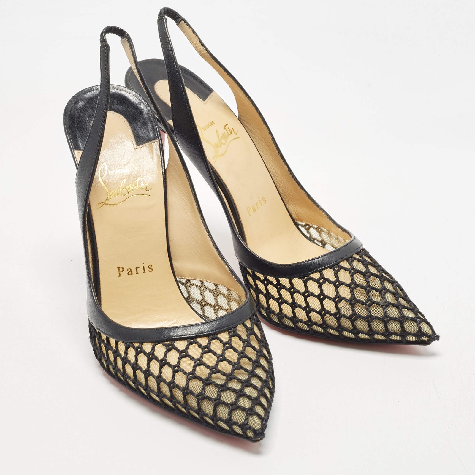 Christian Louboutin Miluna Size 39 Black Leather and Mesh Slingback Pumps image 4