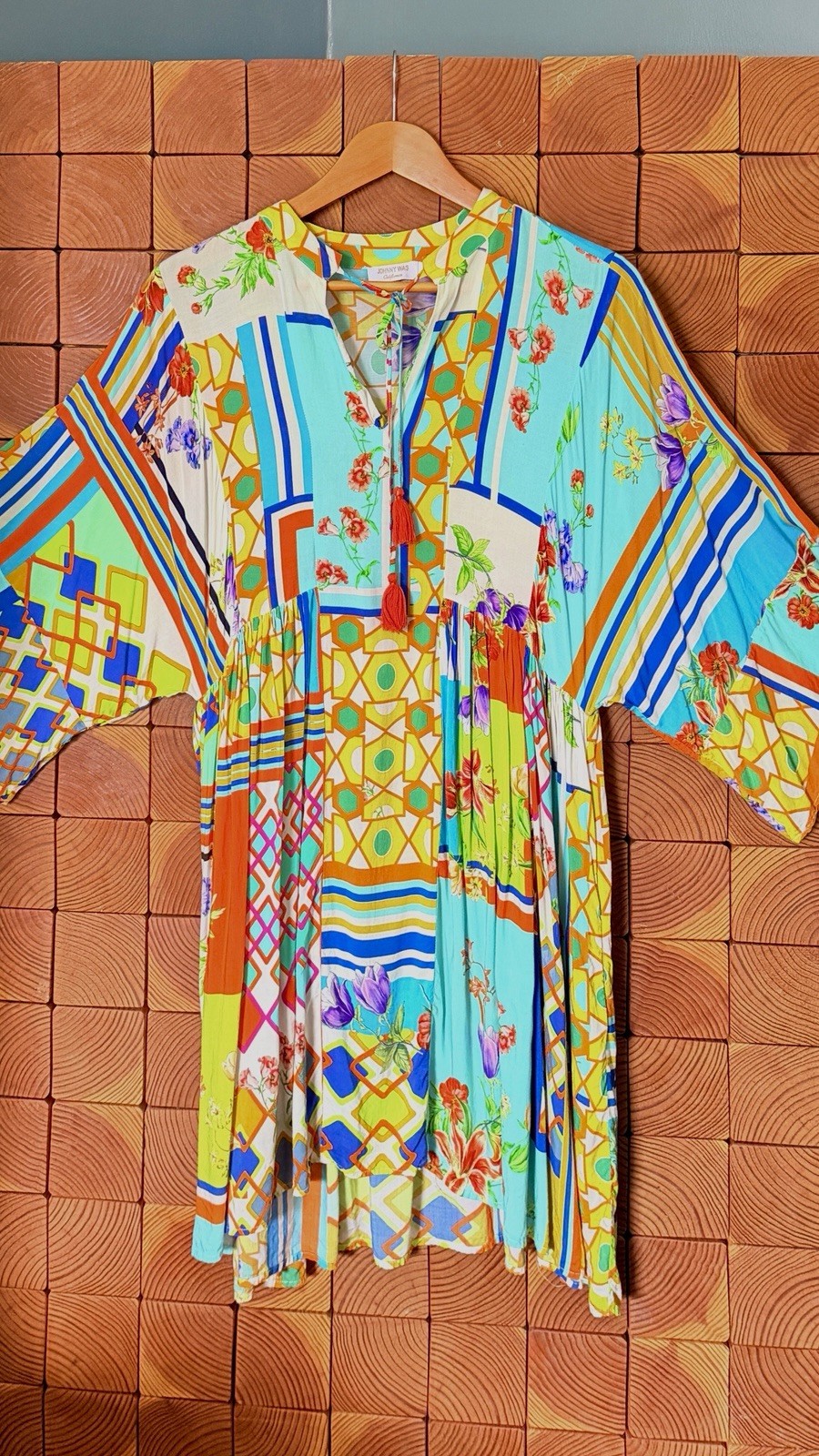 Johnny Was Multicolor Patchwork Print Kaftan Dress V-Neck Kimono Sleeve