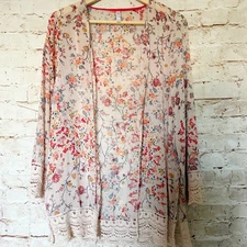 Xhilaration Womens Floral Chiffon Crochet Open Front Blouse Size M Peach Multi