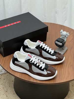 Prada America's Cup Brown Black Patent Leather Mesh Men Low Top Casual Sneakers