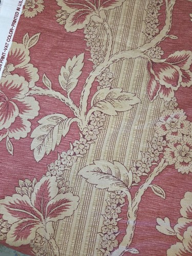 Jay Yang Fabric Jacobean Red Tan Floral 5.4 Y VAT Screen Print Vintage US 54" - Picture 8 of 12