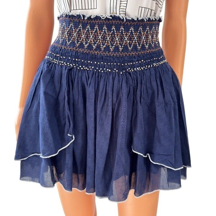 Free People Navy Blue Smocked Embroidered Tiered Ruffle Mini Skirt Boho Womens