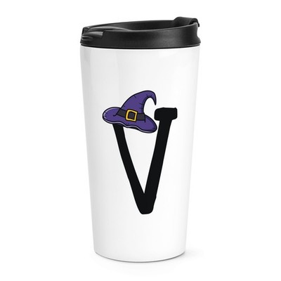 Letter V Witches Wizard Hat Travel Mug Cup Funny Witch Halloween Alphabet