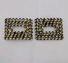 Vintage Women's Shoe Buckles-Heavy Gold & Black Rectangular Metal-Clip On Pair