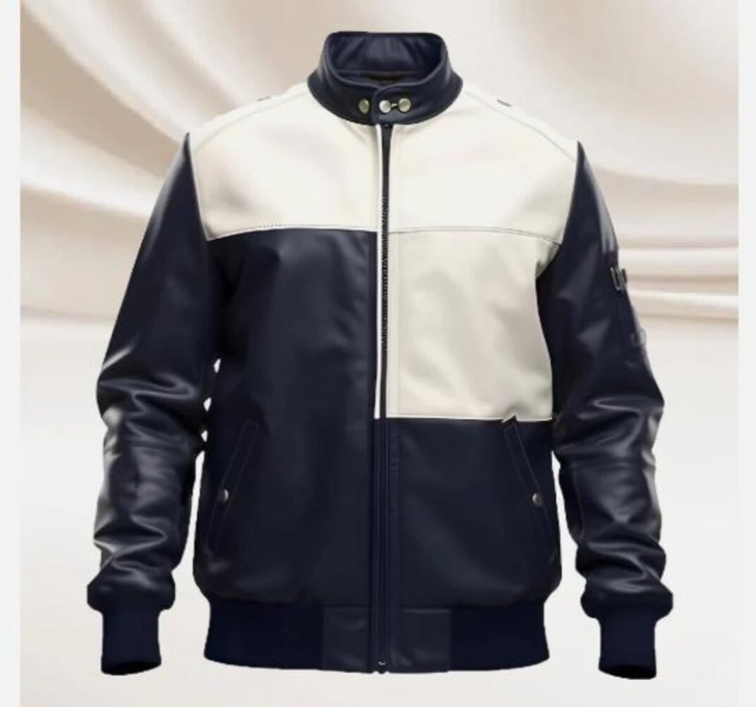 Men’s Navy Blue & White Genuine Leather Biker Jacket Retro Bomber Style Classic