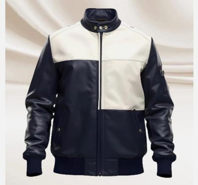 Men s Navy Blue & White Genuine Leather Biker Jacket Retro Bomber Style Classic