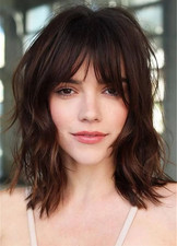 100 Human Hair New Women's With Bangs Medium Layered Wavy Dark Brown Wigs 14 In